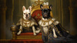 Fanciful animal portrait, Bulldog, Dog, Renaissance, Couple, Feline, Prince, Princess. THE IRASCIBLE KING! The white mastiff have a short temper but the Queen keeps him in check with her paw