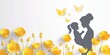 Happy Mother's Day background vector illustration with yellow flowers and mother holding child silhouette on white background