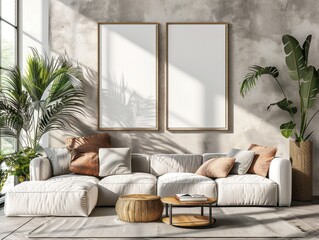 A living room with a white couch and two empty picture frames on the wall