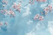 Dreamy Spring Awakening: Ethereal Cherry Blossoms on Soft Blue Watercolor Background, Ideal for Artistic Displays and Seasonal Themes