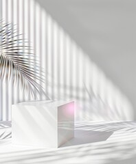 Poster - Futuristic Minimalist Mockup with Sleek White Podium and LED Lighting, Ideal for Showcasing Custom Shirts Against a Monochromatic Background