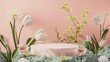 Ethereal Spring Display on Soft Pastel Pink Podium in Dreamy Meadow Setting with Tulips and Daffodils Under Pastel Sky