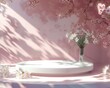 Ethereal Springtime Scene: Dreamlike Podium on Pastel Pink with Cherry Blossoms, Tulips, and Daffodils Under Soft Sunlight
