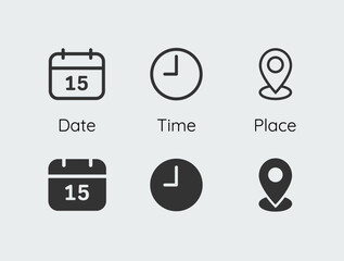 Date, time, place icon set. Clock, calendar, address, position, location symbols. Easy editable vector design.