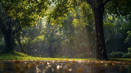 Rain falls on the trees create moisture, rain, trees, rainy season, wet, Generative Ai.