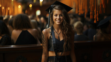 Tattooed Female Graduate Celebrating Achievement Amid Peers in Graduation Ceremony