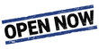 OPEN NOW text on black-blue rectangle stamp sign.
