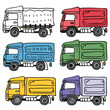 Colorful cartoon trucks collection, various colors, delivery vehicles. Handdrawn style trucks, logistics commercial fleet. Cargo delivery trucks, isolated white background, theme