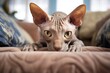 Lifestyle portrait photography of a funny peterbald cat exploring on comfy sofa