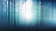 Mysterious foggy light in turquoise fairy tale woods with artistic fireflies. 