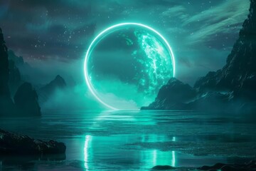 Neon space galaxy portal. Futuristic fantasy landscape, sci-fi landscape with planet, neon light, cold planet. Galaxy, unknown planet. Dark natural scene with light reflection in water.