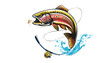 NOT AI. Rainbow trout jumping out of water. Salmon isolated on white background. Isolated handrawn  fishing logo vector .