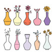 Collection colorful vases flowers, simplistic design, home decor, vector art. Various vases pastel colors, decorative flowers, minimalist floral arrangement, graphic illustration. Twelve different