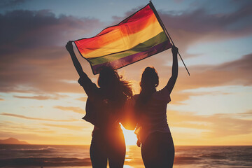 Two Women, LGBTQ+ Rainbow Flag, Ocean, Travel, Fun Holiday, Equality, Pride