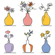Six colorful vases holding different flowers, minimalist illustration style. Bright decorative vases assorted flora, colorful flat design graphics. Simple flower vase collection, trendy home decor