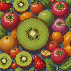 Wall Mural - A whimsical illustration of a kiwi fruit, with its round body and long stem, surrounded by a colorful array of other fruits and vegetables
