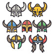 Collection Viking helmets colorful cartoon styles. Norse warrior helmets icons, medieval headgear roleplay, games. Horned Nordic helmets, vibrant colors, historical costume elements