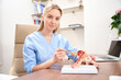 Gynecologist showing uterus model at table and looking at camera at desk