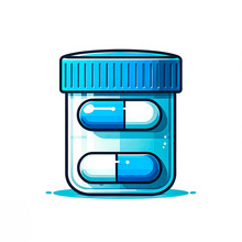 Vector Illustration Of A Blue Pill Bottle With Pill Capsules Inside On A White Background.