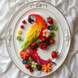 Colorful fruit carved into the shape of a macaw. white square porcelain plate light colored tablecloth The whole scene was bright and refreshing.