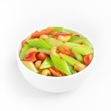 Fototapeta Boho - Celery, pepper and cashew stir fry, Chinese food, on a white background, isolate
