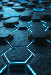 Wall Mural - A sleek image featuring black hexagonal tiles illuminated with vibrant blue neon light, showcasing modern design