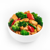 Fototapeta Boho - Broccoli, paprika and chicken stir fry, Chinese cuisine on a white background, isolate