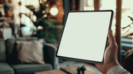 Hand holding a tablet with a white screen. Art collage. Mockup.