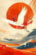 A Chinese crane flies in the middle of an orange-red sun background. and the side is the sea, poster style