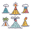 Six colorful cartoonstyle volcanoes erupting, tropical, ash clouds. Handdrawn vibrant volcanoes, lava, eruption, nature danger theme. Various volcano types, palm tree, explosive eruptions, geology