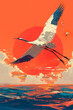 A Chinese crane flies in the middle of an orange-red sun background. and the side is the sea, poster style.