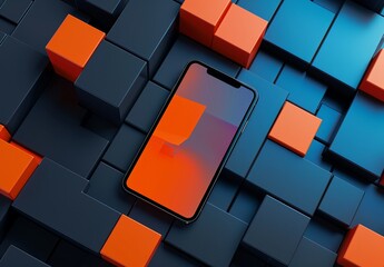 Canvas Print - Modern smartphone with a reflective orange screen surrounded by a 3D pattern of blue and orange cubes