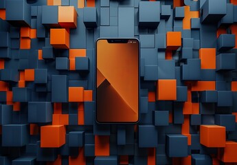 Canvas Print - A modern smartphone is at the center of a complex 3D cube pattern in striking shades of orange and blue