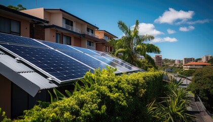 A solar panel array installed on the roof of a residential house, harnessing sunlight to generate clean energy