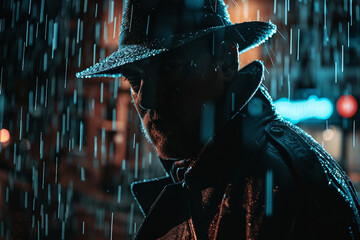 Wall Mural - Mysterious man in trench coat and fedora standing under the rain at night generative AI