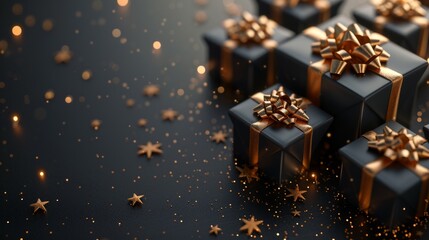 Black gift boxes with gold ribbons on a black background.