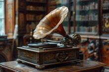 An Old Gramophone On Table In Room