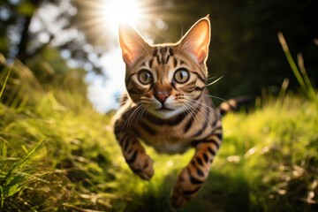 Wall Mural - Environmental portrait photography of a happy bengal cat jumping on beautiful nature scene