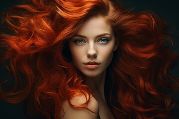 Wall Mural - Captivating portrait of a woman with vibrant red hair flowing around her face, highlighting her striking blue eyes