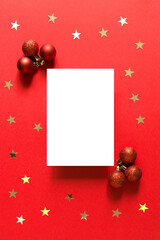 Wall Mural - blank greeting card. christmas and new year composition with christmas red balls and gold confetti s