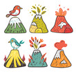 Six stylized volcanoes erupting, habitats, birds perched, vibrant color. Handdrawn volcano illustrations, eruptions, nature, birds, colorful flora. Set playful volcanoes birds