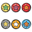 Six cartoonstyle star badges colorful, diverse shapes styles symbols. Vibrant star emblems, handdrawn look, childrens rewards, grading, gamification elements. Stars set collection, achievement