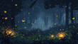 Fireflies flying in the dark, Glowing bugs in night forest