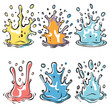 Colorful paint splashes set against isolated white background. Vibrant liquid splatter collection suitable creative, artistic concepts. Dynamic droplet effects, lively multicolor design elements