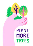 Fototapeta Kosmos - Ecological poster about planting trees with stylized hand holding plants. Doodle vector environmental banner.