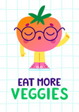 Fototapeta Kosmos - Cartoon poster with cute tomato gives healthy advice for kids. Comic banner with smart vegetable.