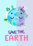 Fototapeta Kosmos - Cartoon ecology poster with sad earth planet.Vector banner about environmental problem of air pollution for kids.