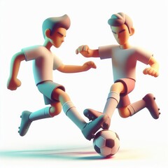 Two soccer players fighting for ball. 3D minimalist cute illustration on a light background.