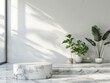 Minimalist White Marble Podium, front view focus, with a Clean Scandinavian Living Room Background