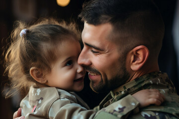 Generative AI illustration of young person soldier hugging baby